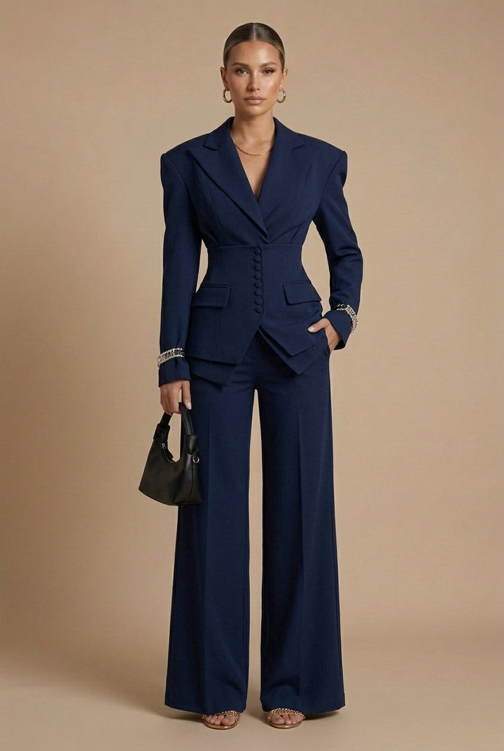 Detailed shot of a women's tailored suit, highlighting the structured peaked lapel and wide-leg pant cut.