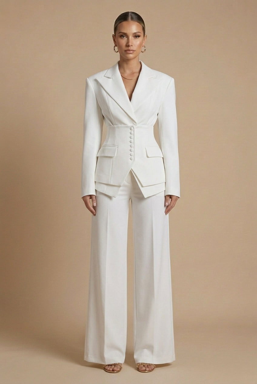Modern women's power suit: a tailored blazer with peaked lapel and comfortable wide-leg pants for chic style.