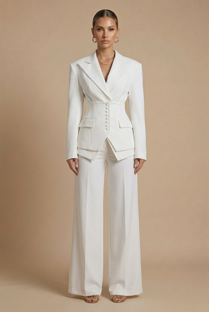 Modern women's power suit: a tailored blazer with peaked lapel and comfortable wide-leg pants for chic style.