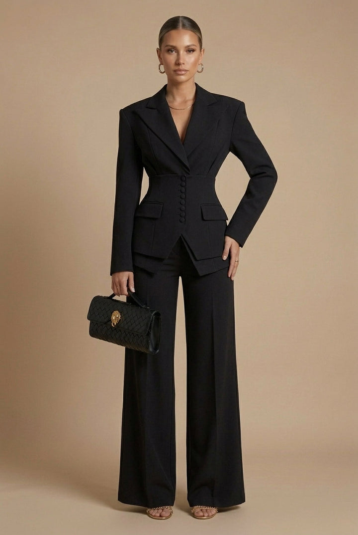 Professional women's outfit: a tailored two-piece suit, blazer & wide-leg pants, for a polished business look.