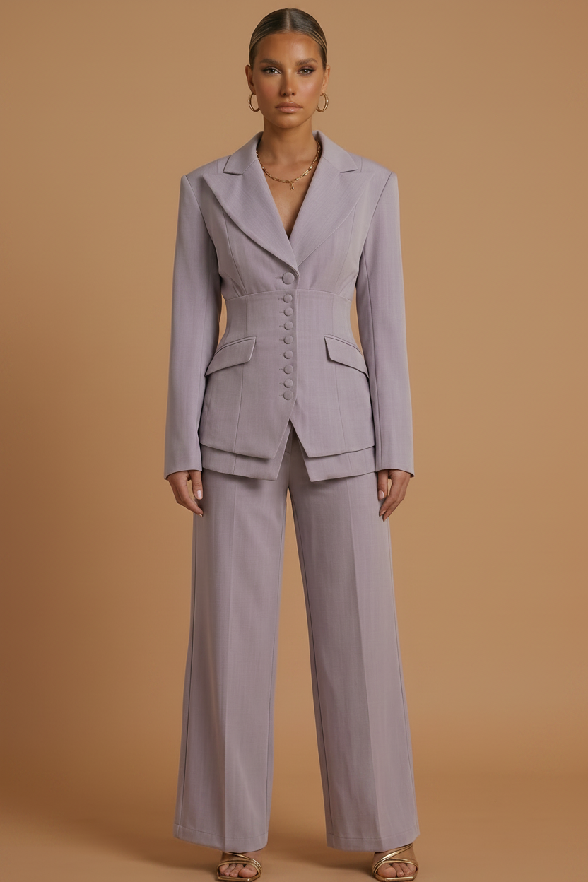 Fashionable women's tailored set, featuring a smart peaked lapel blazer and elegant wide-leg trousers.