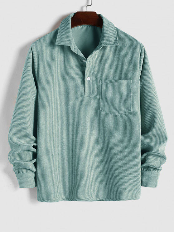 Comfortable men's casual long-sleeve camp collar shirt, featuring a chest pocket. Relaxed button-up style.