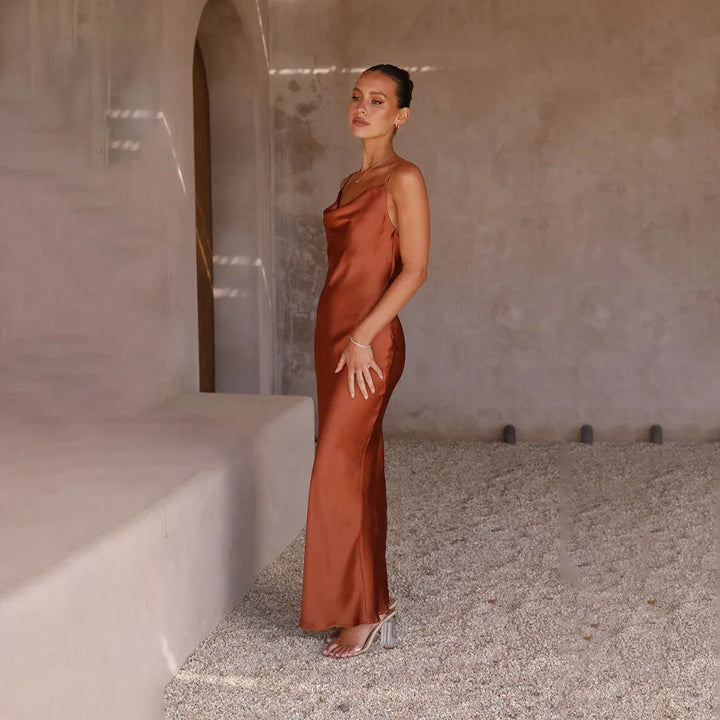 Long elegant open back formal dress for women, ideal as a wedding guest or party dress.