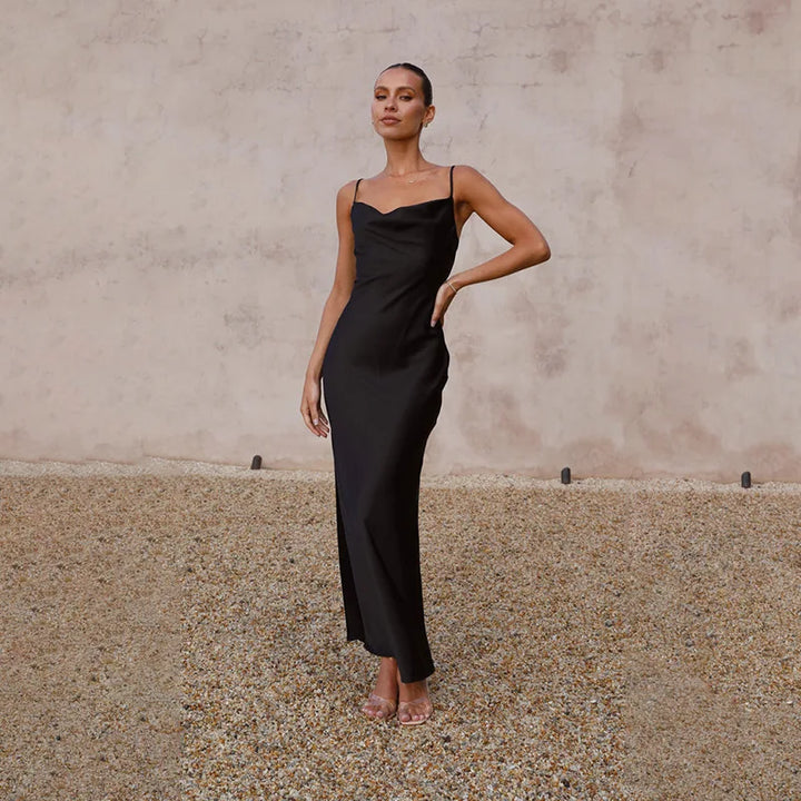 Sophisticated women's open back maxi dress, ideal for wedding guests & evening parties.