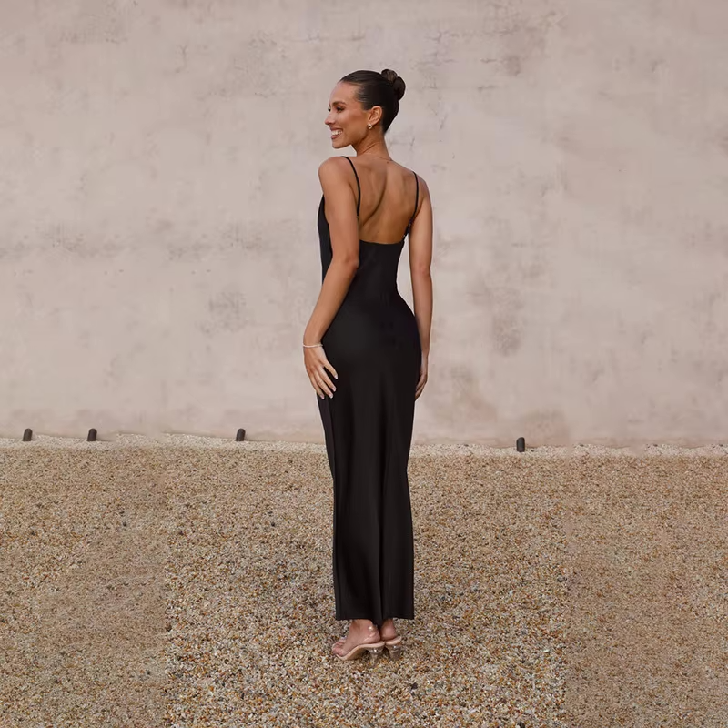 Chic women's open back maxi occasion wear dress, suitable for wedding guests & evening celebrations.