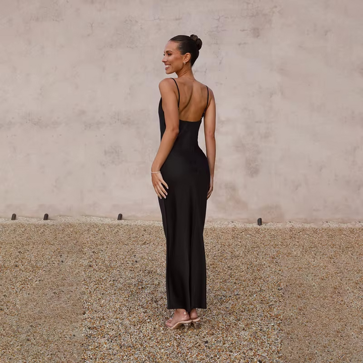 Chic women's open back maxi occasion wear dress, suitable for wedding guests & evening celebrations.
