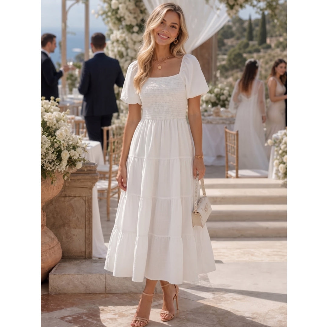 Elegant women's textured floral midi dress with short sleeves, square neckline, and tiered skirt for occasions.