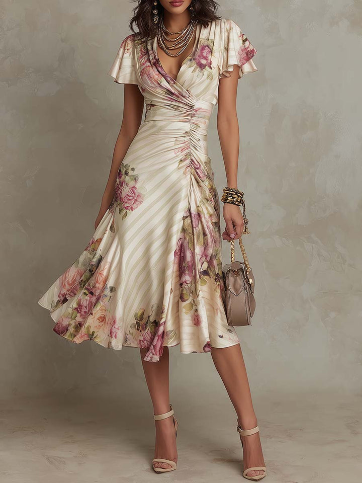 Elegant women's retro floral midi dress, perfect for summer parties, featuring a chic vintage-inspired design.