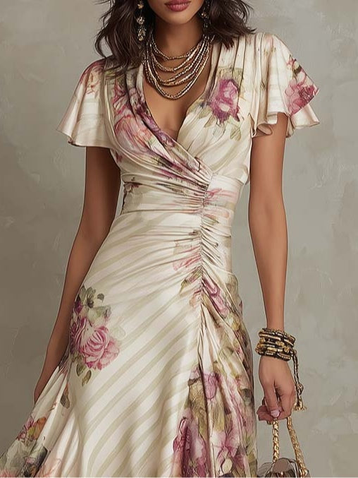 Chic vintage-style floral midi dress for women, with an an elegant design & comfortable fit, great for parties.