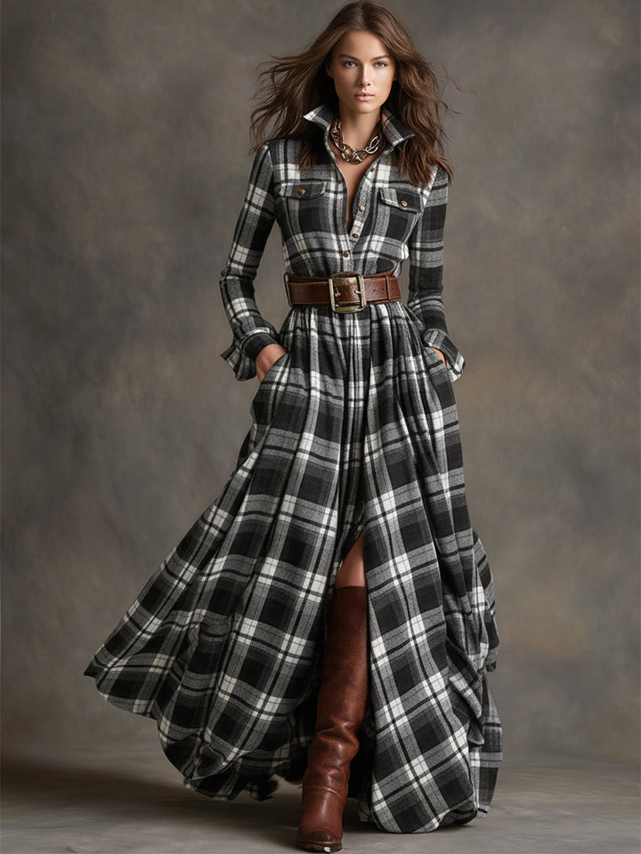 Elegant women's casual belted maxi dress with long sleeves, a versatile shirt dress option.
