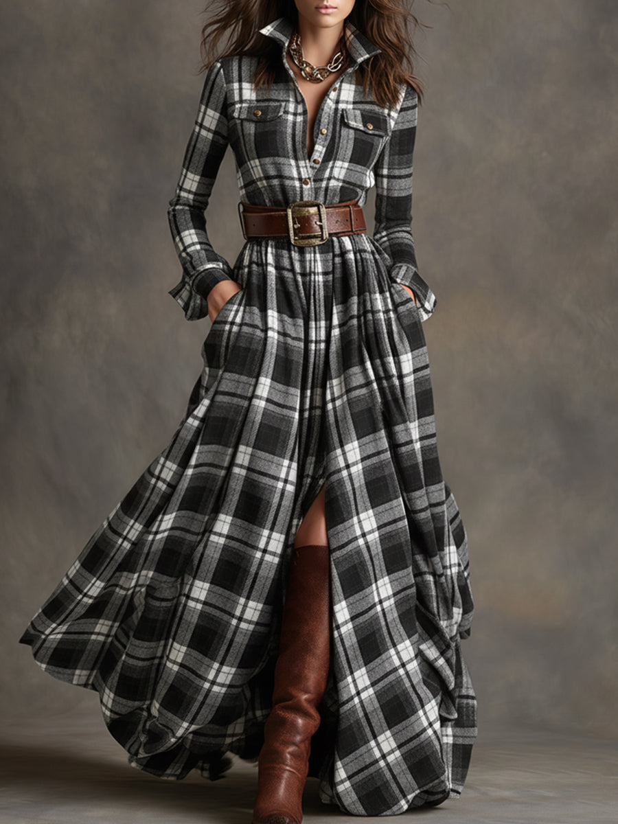 Classic women's shirt maxi dress with a flattering belt, an elegant long sleeve day dress.