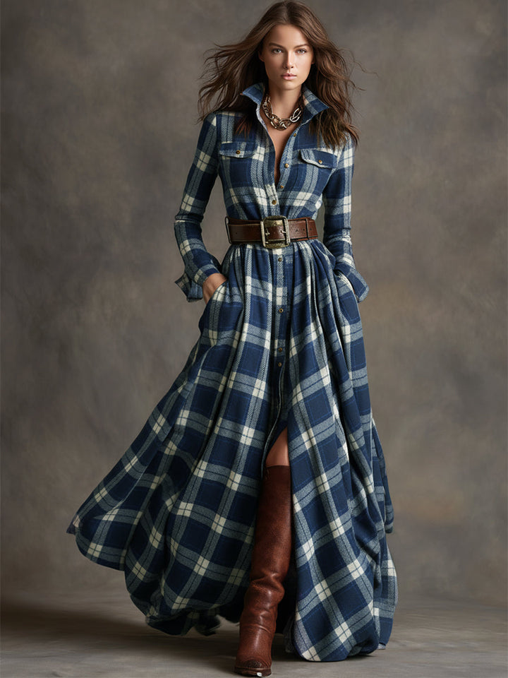Sophisticated women's belted plaid maxi shirt dress, a chic long sleeve design for everyday elegance.