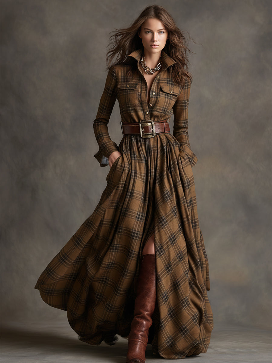 Timeless women's elegant maxi dress, featuring a belted shirt style and comfortable long sleeves.