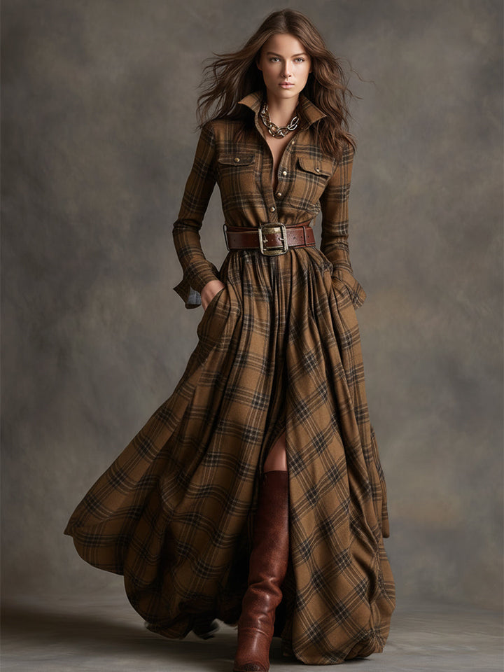 Timeless women's elegant maxi dress, featuring a belted shirt style and comfortable long sleeves.