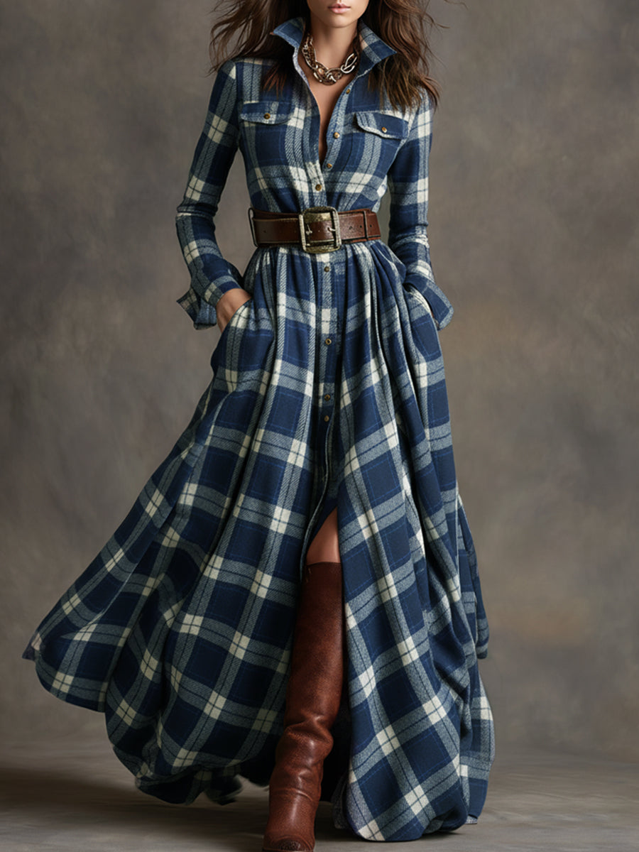Women's elegant long sleeve belted maxi dress, featuring a stylish shirt collar and versatile design.