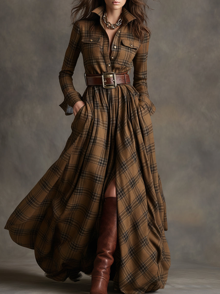 Fashionable women's plaid shirt maxi dress, a sophisticated long sleeve belted design for any occasion.
