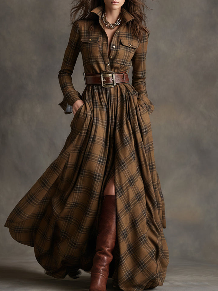 Fashionable women's plaid shirt maxi dress, a sophisticated long sleeve belted design for any occasion.