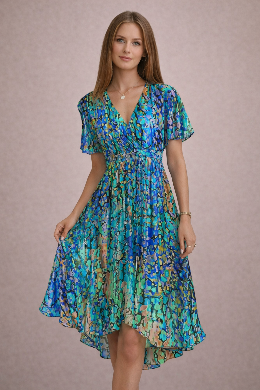 Comfortable floral midi dress for women, ideal as a stylish day dress or vacation wear with tummy control.