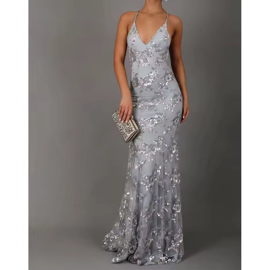 Women's Sequin V-Neck Backless Maxi Dress