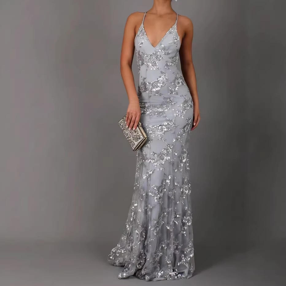 Women's Sequin V-Neck Backless Maxi Dress
