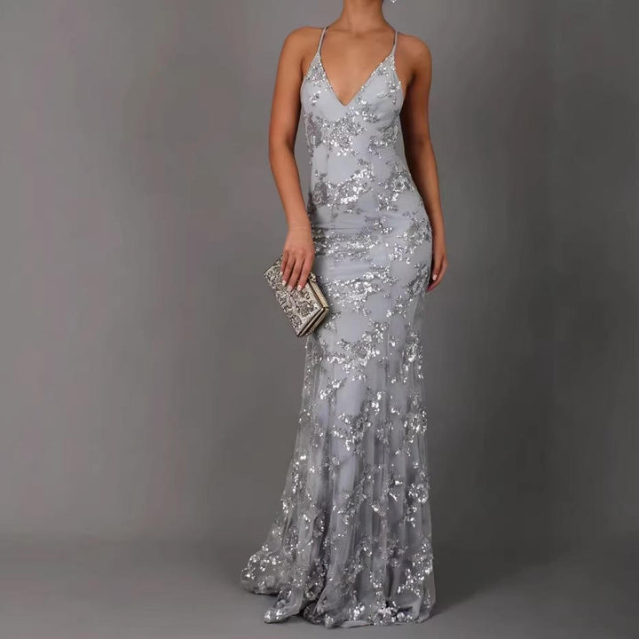 Women's Sequin V-Neck Backless Maxi Dress