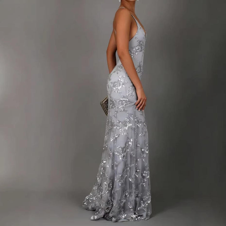 Women's Sequin V-Neck Backless Maxi Dress
