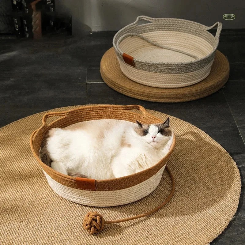 Hand-woven cotton rope cat bed & scratcher in modern gray. Perfect feline lounge furniture for comfort.