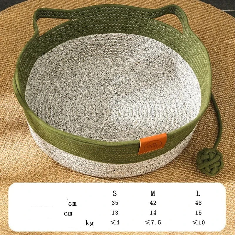 Handmade feline cotton rope lounge bed, available in gray, khaki, or green for your cat's comfort & style.