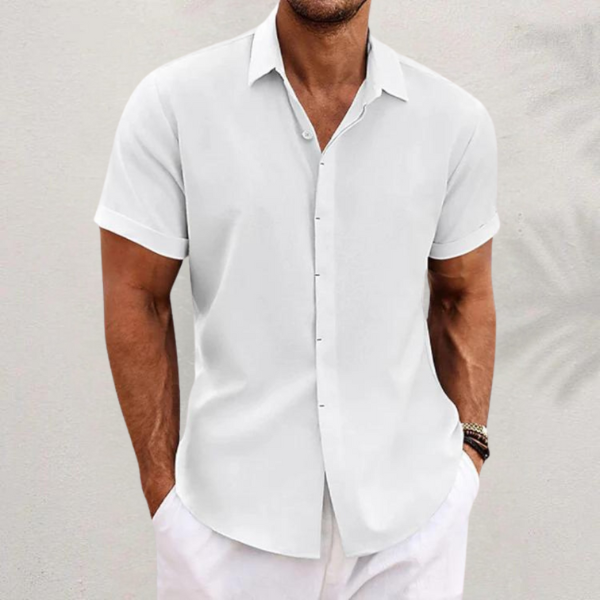Classic men's collared button shirt, offering effortless style for casual spring and summer days.