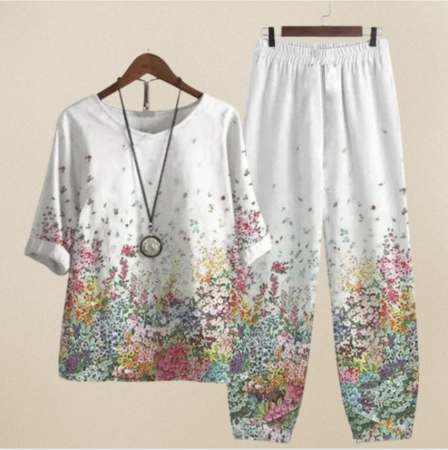 Easy-wear women's shirt & trouser set. Comfortable & chic two-piece outfit for relaxed spring/summer casual style.