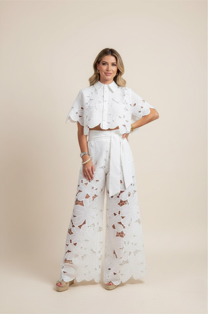 Women's floral embroidered two-piece set, elegant wide-leg summer outfit for casual chic.