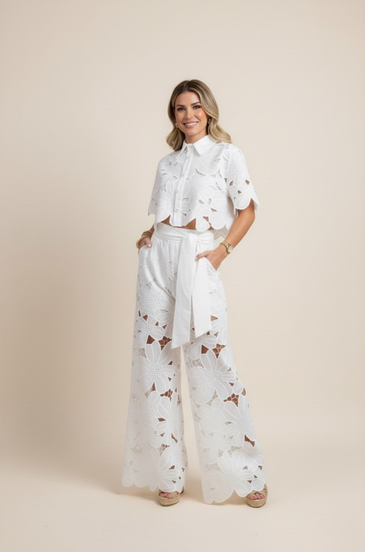 Stylish women's two-piece set featuring floral embroidery & wide-leg pants for summer.