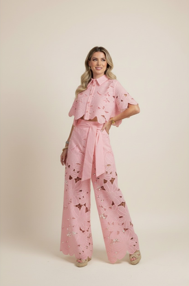 Summer-ready women's floral embroidered co-ord set with comfortable wide-leg trousers.