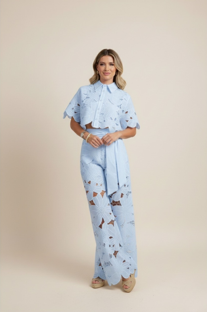 Resort wear women's floral embroidered matching set, a chic wide-leg summer outfit.