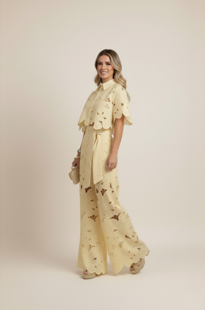Matching women's floral embroidered top & wide-leg pants, a perfect summer co-ord.