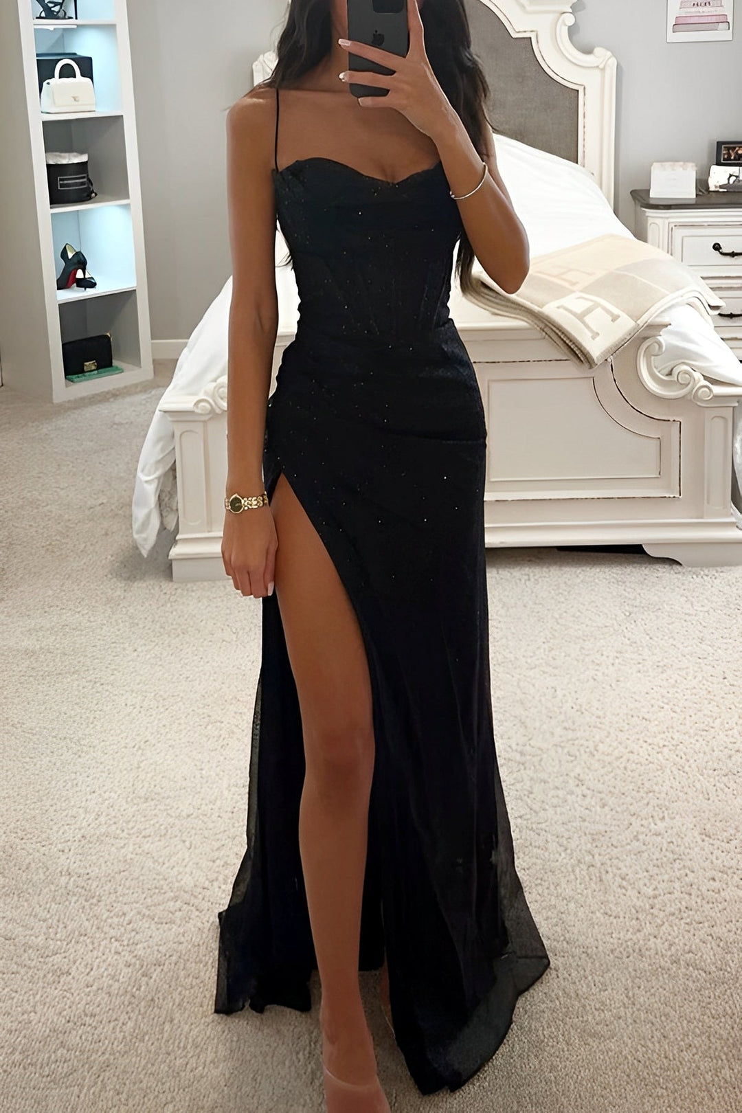 Women's elegant party dress: long maxi silhouette, corset bustier, high slit detail, & slender spaghetti straps.