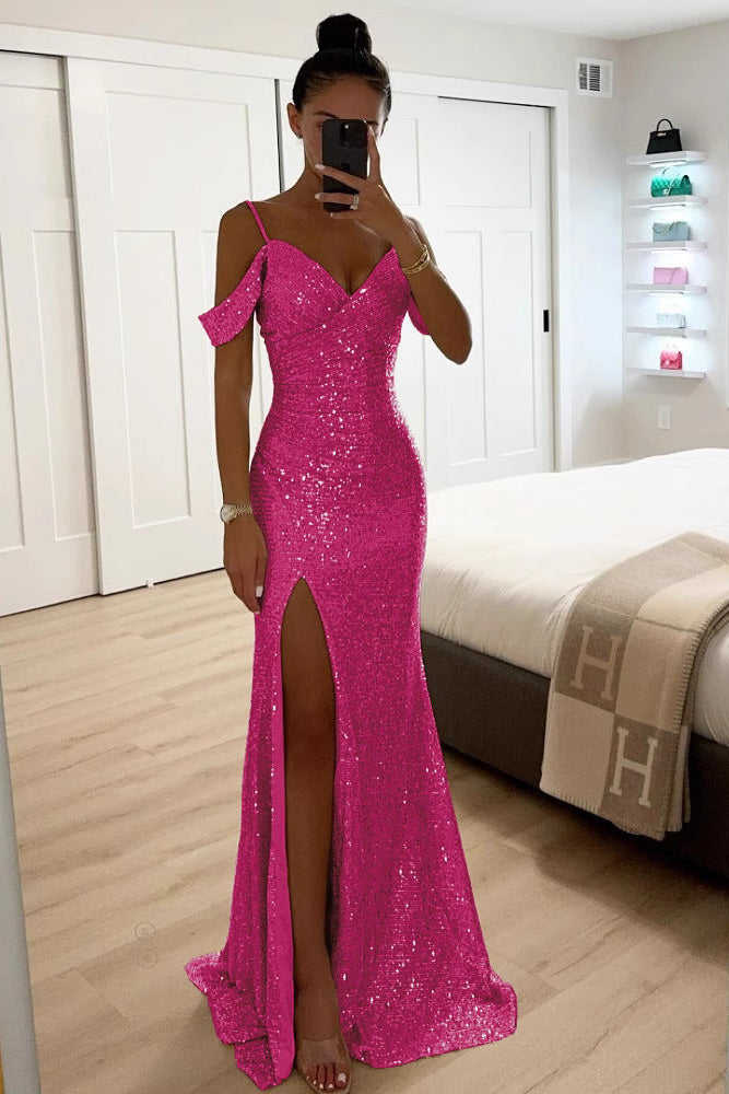 Glamorous women's off-shoulder maxi evening gown with a high slit, ideal for special occasions.
