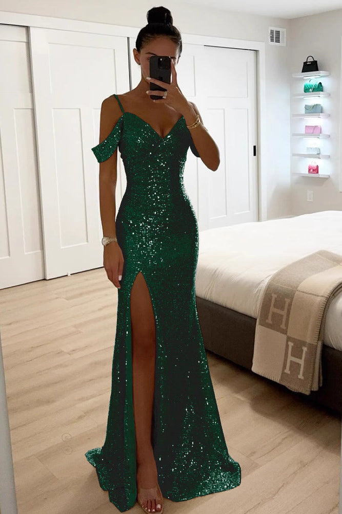 Formal off-shoulder maxi dress for women, featuring a high slit. Perfect party or red carpet attire.