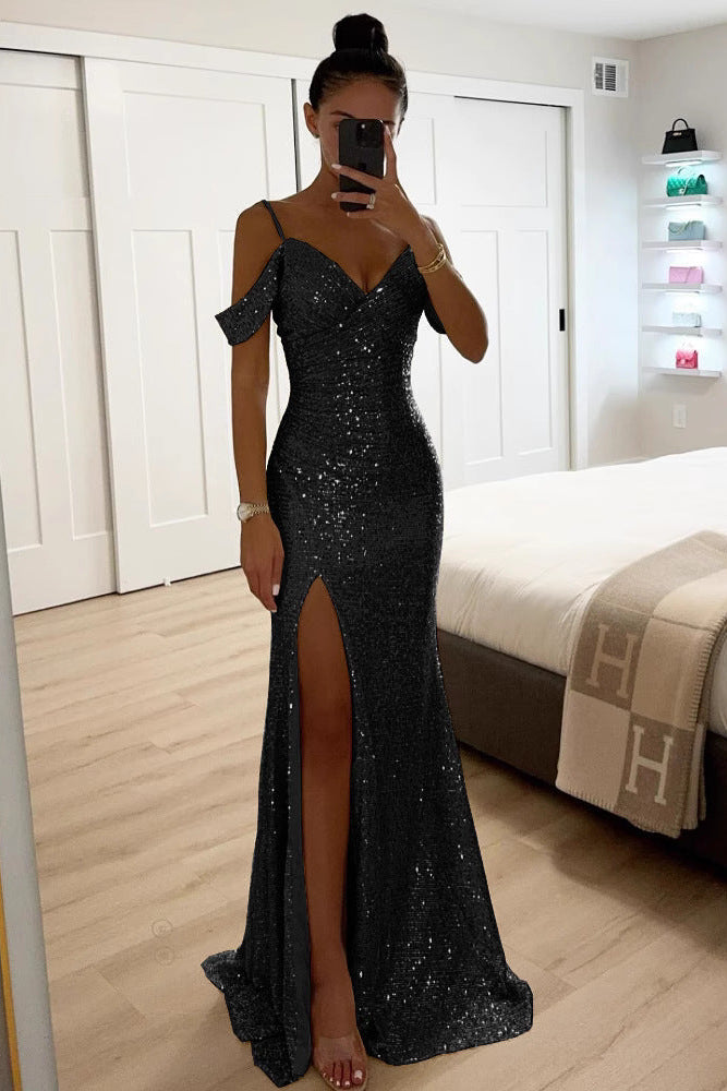 Sophisticated women's off-shoulder maxi dress with high slit & elegant silhouette, great for formal events.