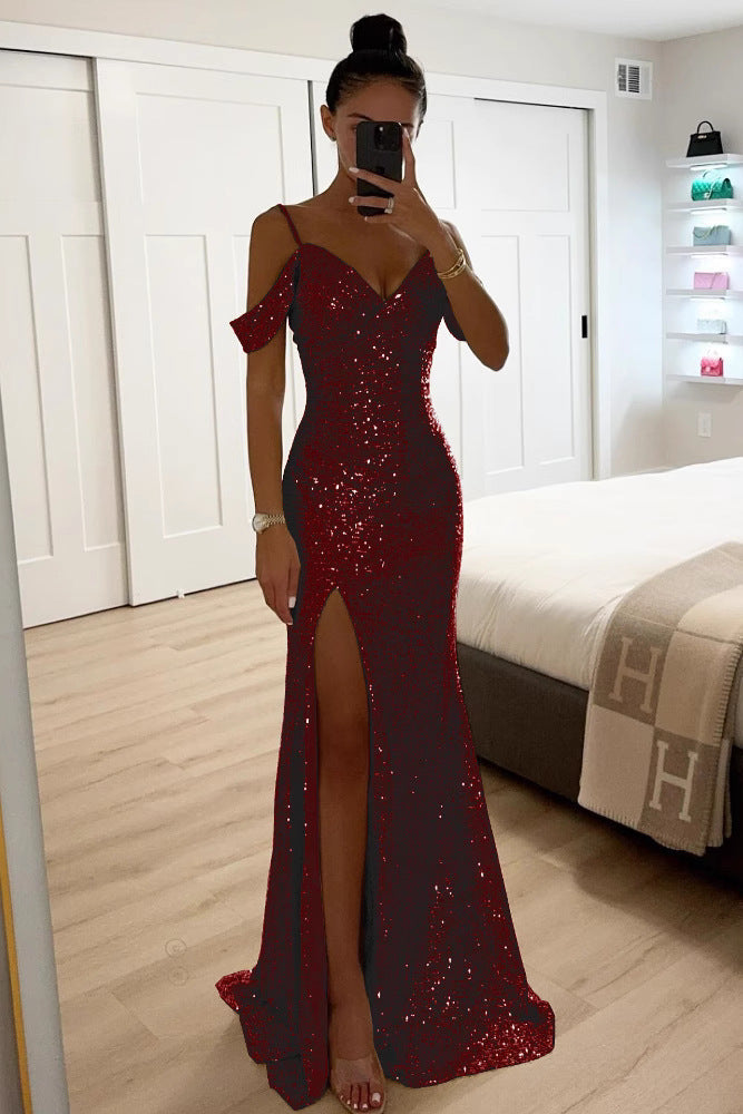 Stylish women's off-shoulder high slit maxi dress, an elegant evening gown for special occasions.