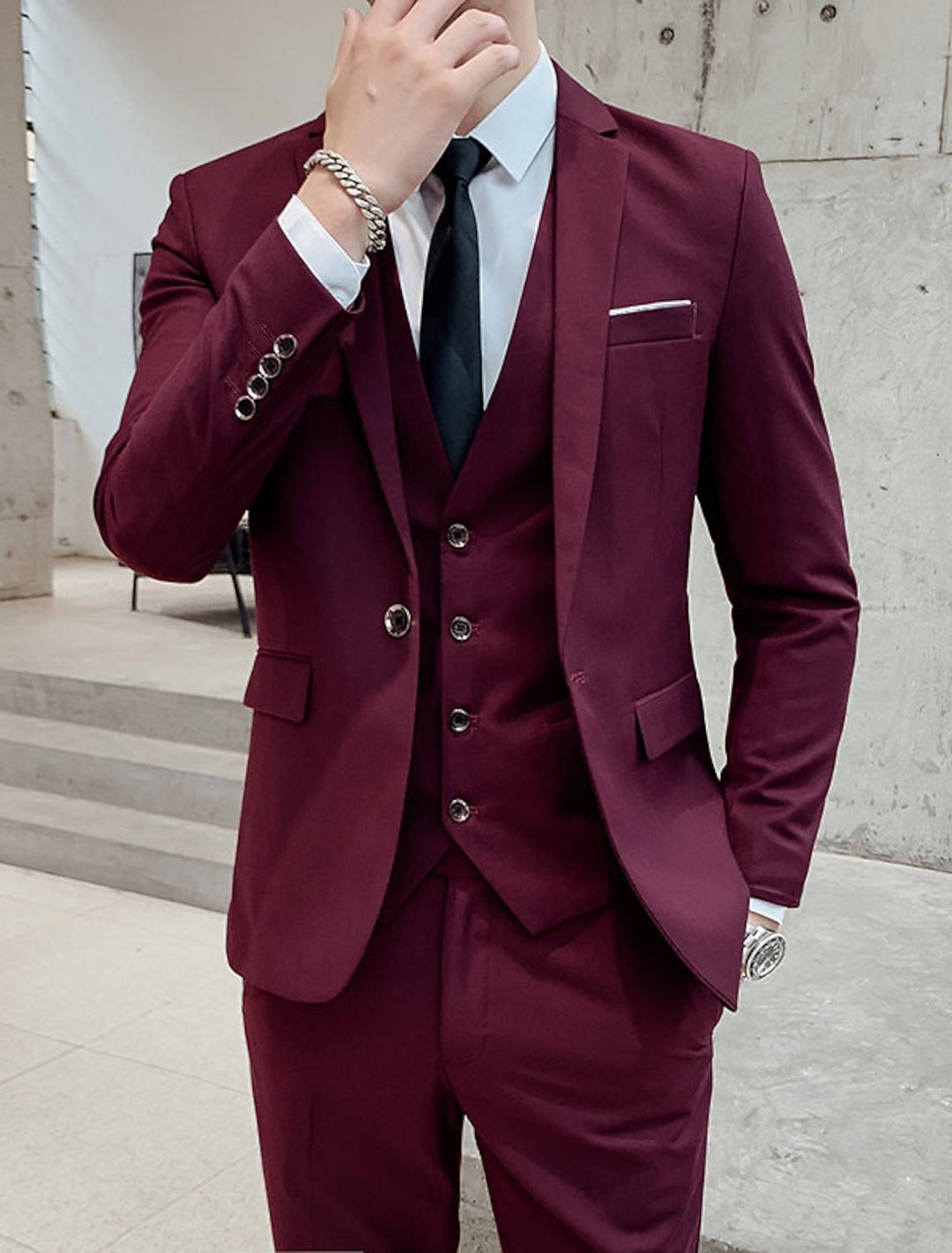 Men's elegant single-breasted two-button 3-piece formal suit. Perfect for weddings & business.