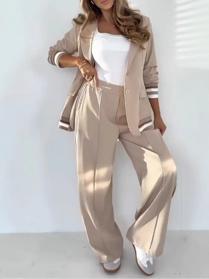 Women's tailored blazer & wide-leg trouser co-ord set. Smart casual office chic & travel wear.