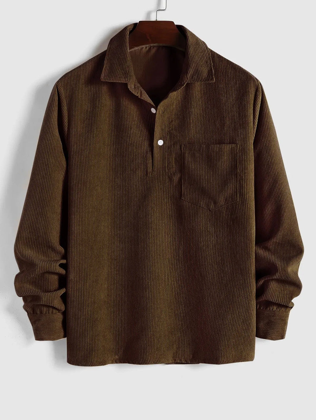 Relaxed fit men's long-sleeve button-up shirt with a distinctive camp collar and practical chest pocket.