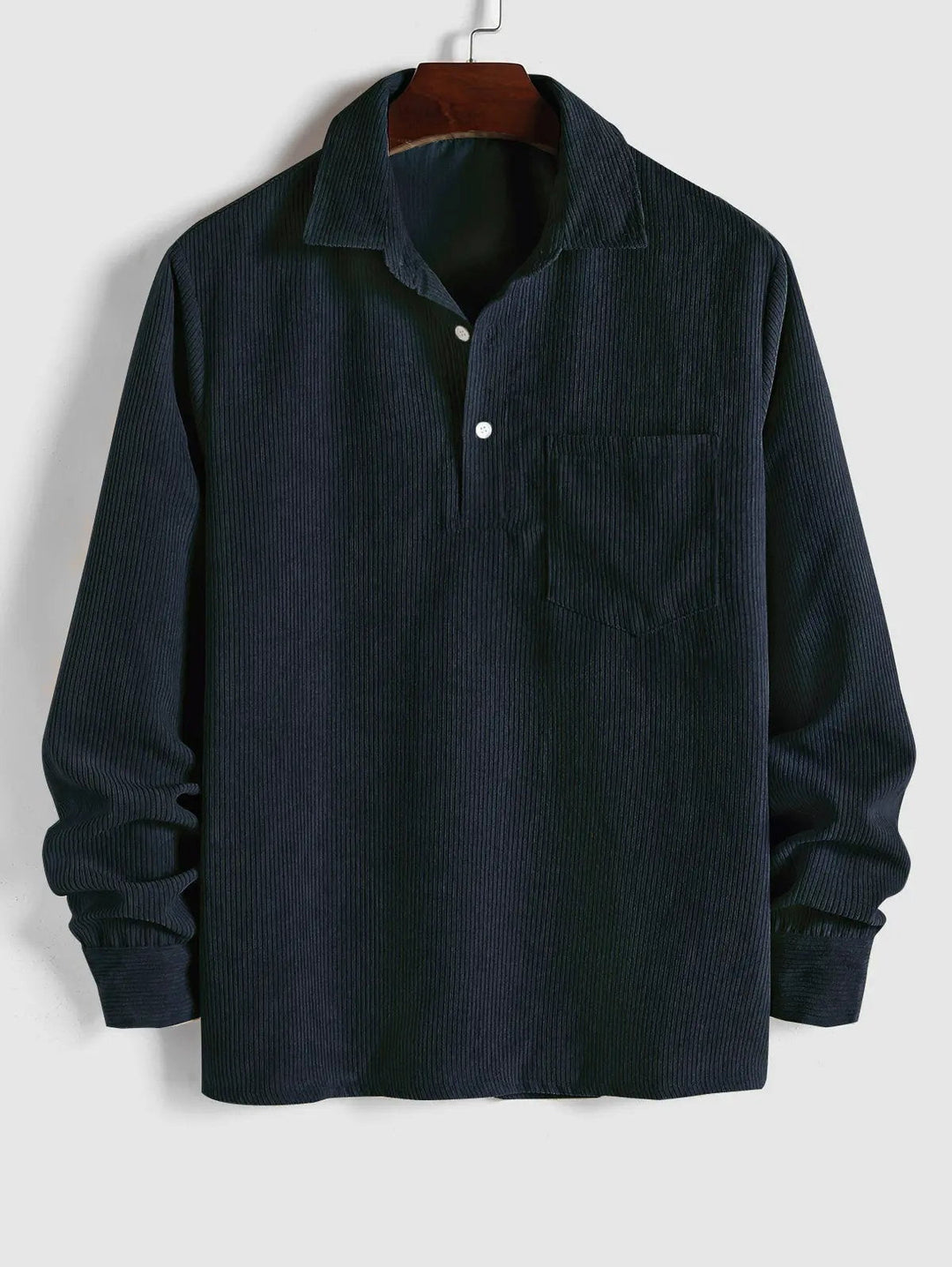 Men's long-sleeve camp collar shirt with chest pocket, relaxed fit. Perfect casual button-up style.