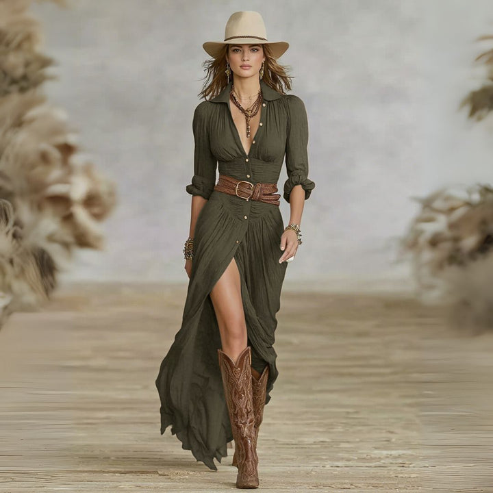Chic women's shirt dress with a flattering belt and elegant shawl collar. A versatile long dress for any occasion.