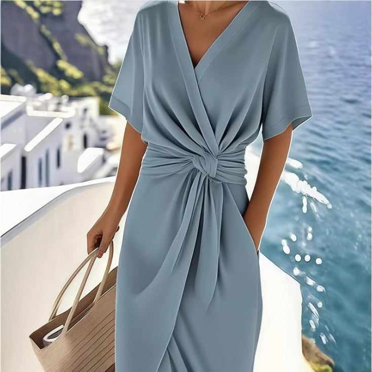 Stylish women's draped wrap dress, V-neck, side slit. Perfect for evening events & cocktail parties.
