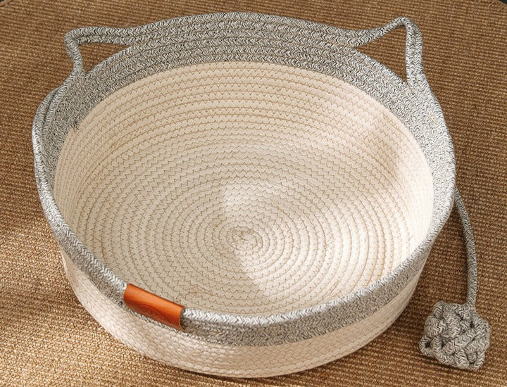 Durable hand-woven cotton rope scratching post & comfortable pet lounge bed. Modern feline furniture for cats.