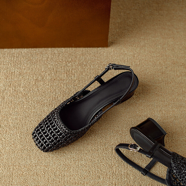 Fashionable women's braided slingback sandals. Open-toe, stylish block heel. Perfect comfortable summer style footwear.