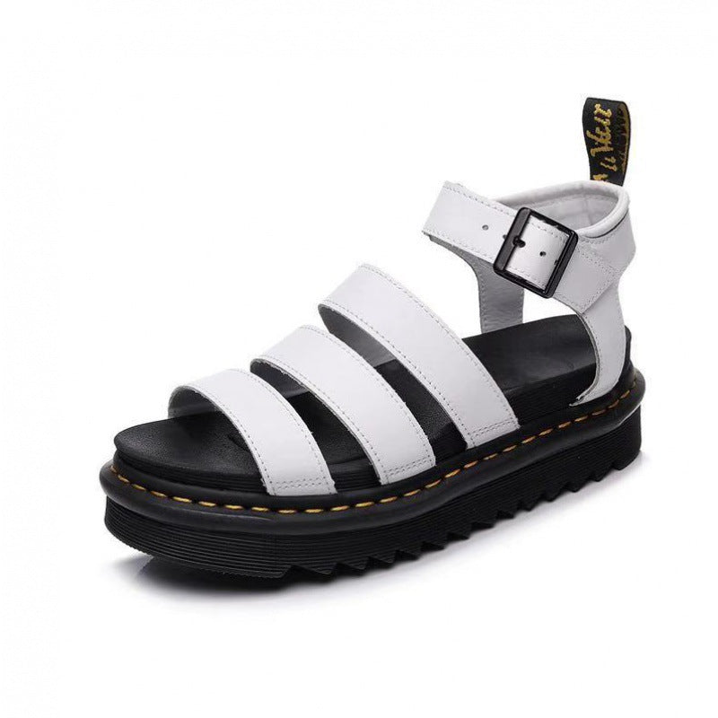 Stylish women's platform sandals featuring a triple strap design and adjustable ankle buckle for comfort.