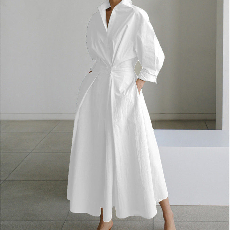 Feminine women's elegant front wrap collared maxi dress, flattering & stylish long dress.